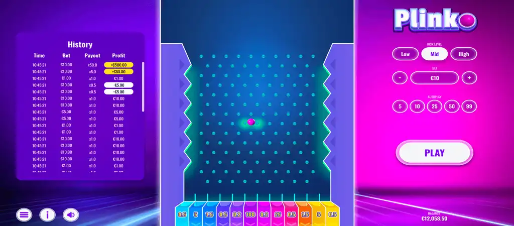 Plinko gameplay and bet history elements.